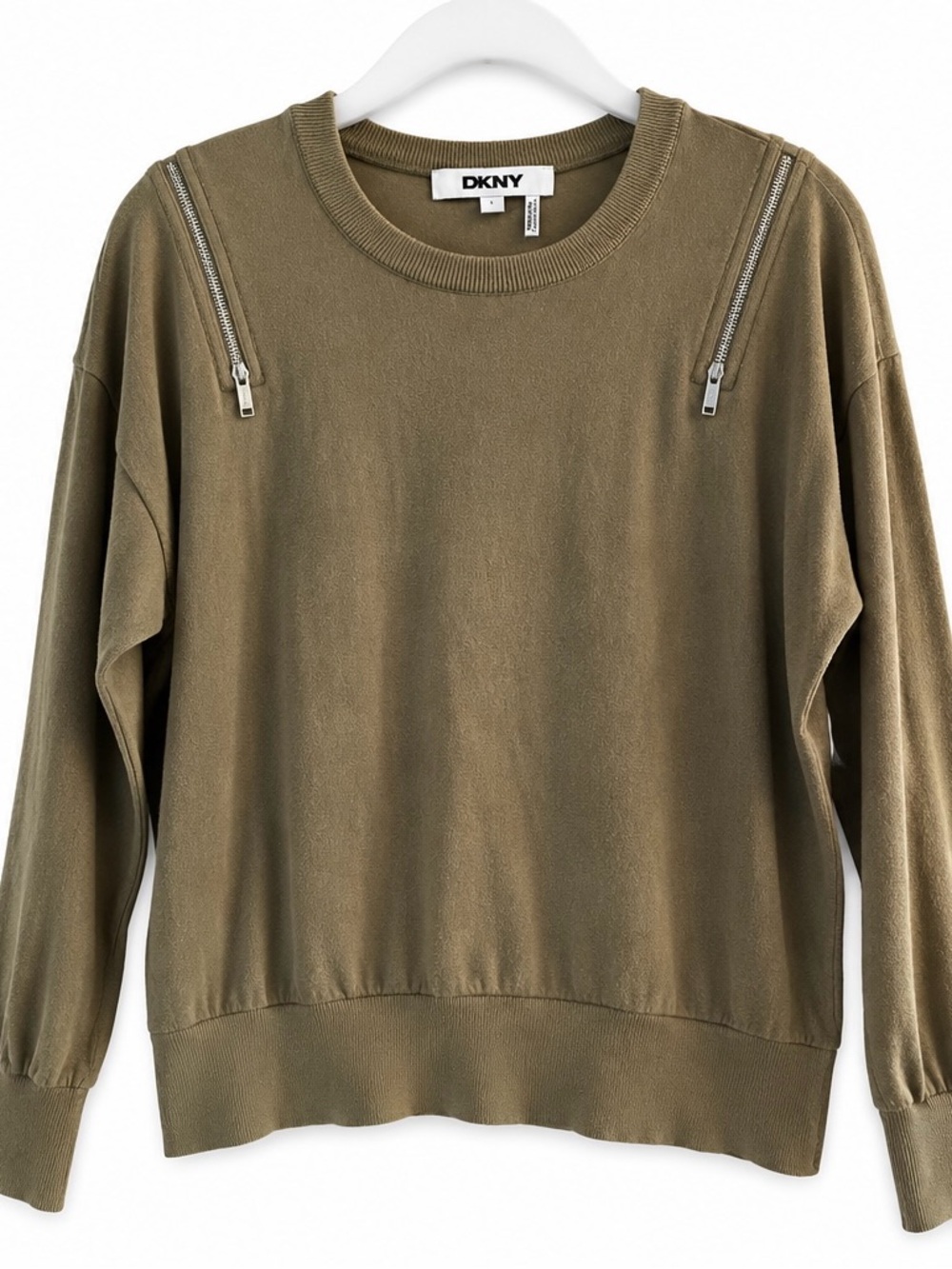 DKNY Olive Crewneck Sweater with Shoulder Zippers